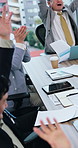 Happy people, business or celebration with documents in air for completion, done or victory. Excited, group or employees throwing paperwork in meeting for finished tasks or success together in office