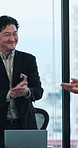 Businessman, presentation and winning with applause in meeting for congratulations or success. Happy man, employee or clapping with team in boardroom or conference for achievement, bonus or promotion