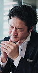 Business, neck pain and man in office, investor and inflammation with stress, sick and stretching. Financial advisor, professional and Asian person in workplace, tension and joint injury with burnout