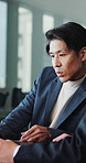 Meeting, reading and men with discussion in office, insurance broker and explain coverage options. Pitch, Japanese people and client in consultation for premium recommendation, policy info and talk