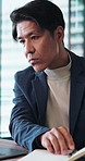 Laptop, reading and proposal with businessman in office for administration, report or research. Accountant, notebook and problem solving with person for financial management, typing or audit in Japan