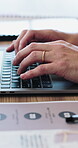 Research, typing or hands with laptop in office, finance portfolio assessment or payment plan for client. Pc, email advice or debt consultant with solution for high interest, man or budgeting steps