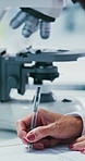 Writing, science or woman with microscope in lab, medical testing or experiment info for breakthrough. Trial checklist, medicine study or mature scientist with observation notes, pharma or research