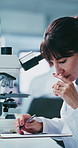 Science, clipboard or woman in lab with microscope, study or research results in experiment. Medical, coworking or scientist with equipment, investigation report or test checklist in clinical trial.