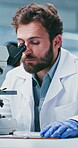 Science, clipboard or man in lab with microscope, study or research results in experiment. Medical, notes or scientist  with equipment, investigation report or test checklist in clinical trial.