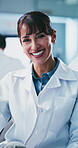 Science, face and smile with woman in laboratory for vaccine research, disease cure and happy. Medical innovation, pride and experiment with mature person for healthcare discovery and biotechnology 