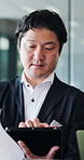 Tablet, discussion or Japanese man in office for business, review document or investment project. Team, tech or mature consultant planning in meeting for corporate budget, financial proposal or idea