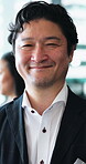 Happy, face or Asian man in office with smile, pride or ambition as investment advisor. About us, meeting or financial consultant in firm with confidence, experience or risk management in Japan.