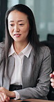 Meeting, reading and woman with discussion in office, insurance broker and explain policy options. Pitch, Japanese person and client in consultation for premium recommendation, coverage info and talk