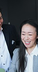 Success, meeting or Asian woman in firm with laptop, victory or approval of investment proposal. Collaboration, people or finance consultant with tech, revenue growth or funding achievement in Japan.