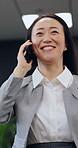 Happy woman, walking and office with phone call for conversation or business discussion. Female person, employee or consultant talking with smile on mobile smartphone for chat or negotiation at work