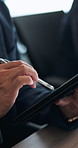 Business, person and hands with tablet for research, schedule planning or digital report in office. Closeup, employee or event planner with technology, app or pen for company campaign or checklist