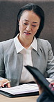 Woman, documents and meeting with review for corporate finance, assessment or project budget. Female person, employee or analyst with paperwork for financial planning, investment or business revenue