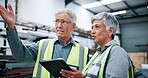 Machine, factory and mature people with tablet for inspection, meeting and quality assurance on web. Robotics facility, manager and planning for mechanical design, teamwork and discussion with tech