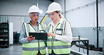 Machine, warehouse and women with tablet for inspection, discussion and quality assurance on website. Robotics facility, manager and planning for mechanical design, teamwork and meeting with tech