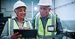 Machine, report and mature people with tablet for inspection, discussion or quality assurance on web. Robotics facility, manager and planning for mechanical design, teamwork and meeting with tech