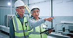 People, team and tablet at factory for robotics with point, insight and futuristic engineering career. Man, woman and technician with talk for feedback, machine learning or application at warehouse
