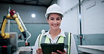 face, robotics and woman on tablet in factory for assembly line, software update and inspection. Automation, portrait and person on digital tech for system diagnostics, design or technical manual