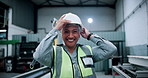 Happy woman, face and helmet at factory for robotics with pride, safety and futuristic engineering career. Mature person, smile and technician in portrait, machine learning and warehouse in Mexico