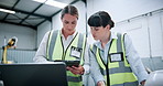People, engineer and reading with tablet at warehouse for planning, machine update and technical guide. Team, digital and production manual, automation safety and diagnostics report for manufacturing