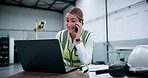 Woman, phone call and laptop at warehouse for robotics with contact, notes and futuristic engineering career. Person, smartphone and technician for feedback, machine learning and talk at factory