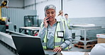 Woman, phone call and laptop at workshop for robotics with contact, notes and futuristic engineering career. Person, smartphone and technician for feedback, machine learning and talk at factory