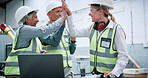 People, team and high five at factory for robotics with laptop, goal and futuristic engineering career. Man, women and technician with celebration, machine learning or success at industrial warehouse