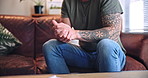 Mental health, nervous or hands with stress in clinic, trauma counseling or therapy session for wellness. Anxiety support, person or war veteran with fear for ptsd consultation, waiting or psychology
