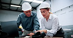 Meeting, robotics and people on laptop with problem for machine design, inspection and software configuration. Automation, team and engineers on tech for system diagnostics, assembly line and mistake