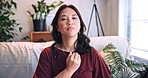 Woman, face or therapist with eft tapping on video call for stress relief, online support or POV. Instruction, professional or psychological acupressure in virtual meeting for therapy, anxiety or zen