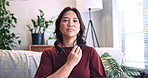 Video call, eft tapping or woman in clinic with technique, reiki aid or help in online session. Mental health, POV or therapist with hyaotheraphy, digital guide or body support in holistic practice.
