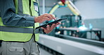 Hands engineer and typing with tablet at warehouse for research, machine update and technical guide. Mature person, digital and production manual, automation and diagnostics report for manufacturing