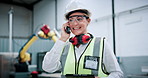Woman, phone call and tablet at warehouse for robotics with contact, smile and futuristic engineering career. Person, smartphone and technician for feedback, machine learning and talk at factory