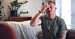 Psychology, discussion and man with eft tapping on sofa for anxiety, mental health or holistic healing. Therapy, calm and male person with spiritual energy for reiki treatment, breathe or zen in home