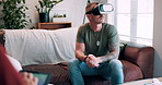 Man, vr or therapist with patient on sofa for mental health, PTSD or virtual rehabilitation in home. Male person, psychologist and tablet with client in simulation for sensory control or phobia