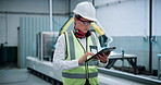 Woman, tablet and typing at plant for robotics with programming, notes or futuristic engineering career. Person, ppe glasses and technician with feedback, machine learning or application at warehouse