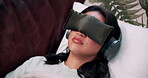 Headphones, psychology or woman with eye mask in counseling for anxiety treatment, healing or PTSD. Above, sound and person with blindfold for microdosing, emotion regulation and psilocybin therapy