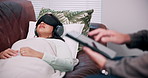 Consultation, therapist and woman with blindfold, headphones and session for recovery or support. Counselor, psychology and patient with sensory depravation for mental health, check up and help