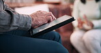 Mental health, counselor or hands in office with tablet, help or evaluation in therapy session. People, patient or psychologist with tech, assessment checklist or trauma advice in clinic visit.
