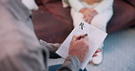 Person, hands and psychologist writing with prescription for health diagnosis or consultation in home. Therapist, counseling or taking notes with checklist for patient condition or results in house