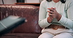 Hands, therapy and woman with anxiety in clinic for trauma, stress or healing on sofa with tablet. Psychologist, counseling session and nervous patient with mental health crisis, coping or listening
