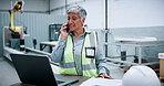 Woman, laptop and phone call at plant for robotics with talk, happy or futuristic engineering career. Mature person, pc and technician on smartphone, machine learning or explain with smile at factory