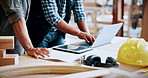 Hands, carpenter and men with laptop in warehouse for inventory, meeting or furniture production. Woodworking, people and tech for online update with timber supply, lumber and construction business