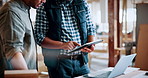 Hands, carpenter and men with tablet in warehouse for inventory, meeting or furniture production. Woodworking, people and tech for online update with timber supply, lumber and construction business