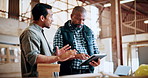 Discussion, carpenter and men with tablet in warehouse for inventory, meeting or furniture production. Woodworking, people and tech for update with timber supply, lumber and construction business