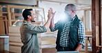 Collaboration, carpenter and men with high five in warehouse for deal, celebration or furniture production. Woodworking, people and excited for timber success, lumber and approval for construction
