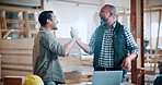 Success, carpenter and men with high five in warehouse for deal, celebration or furniture production. Woodworking, people and excited for timber collaboration, lumber and approval for construction