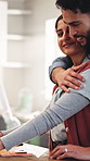 Hug, laptop and remote work with couple in home together for love, small business or support. Computer, smile and typing with happy people embracing in apartment for freelance or startup career