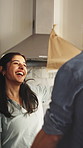 House, dance and couple with excited, renovation and bonding together with property interior. Man, woman and home with celebration, smile and movement with design, maintenance or construction
