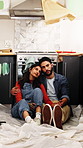 Kitchen, break and couple with hug, remodeling and bonding together with property interior. Tired man, woman and house with makeover, exhausted and planning with design, maintenance or construction